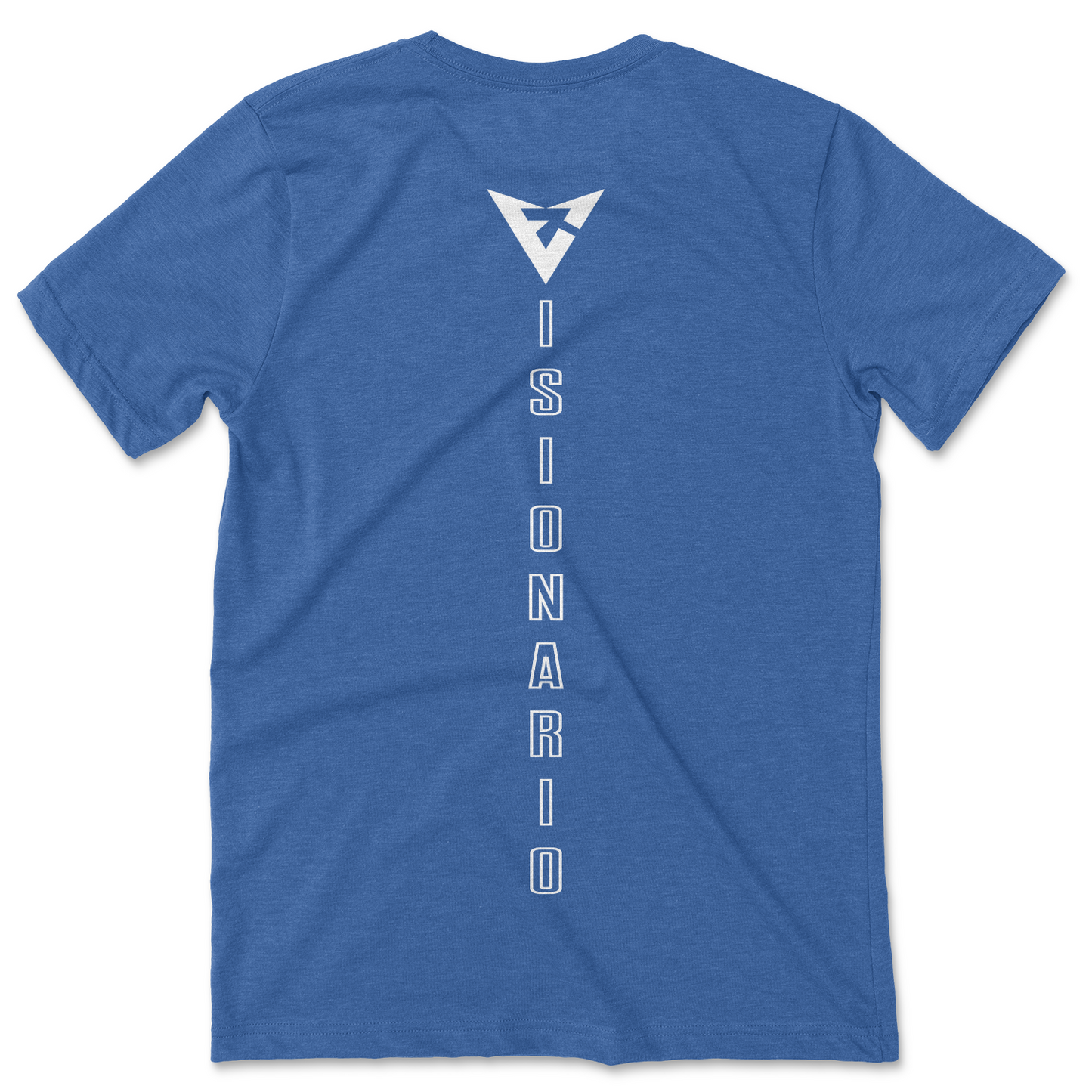 VISIONARY name placed vertically along back of shirt. Front of shirt has small logo on left pocket side. Blue shirt with white design.