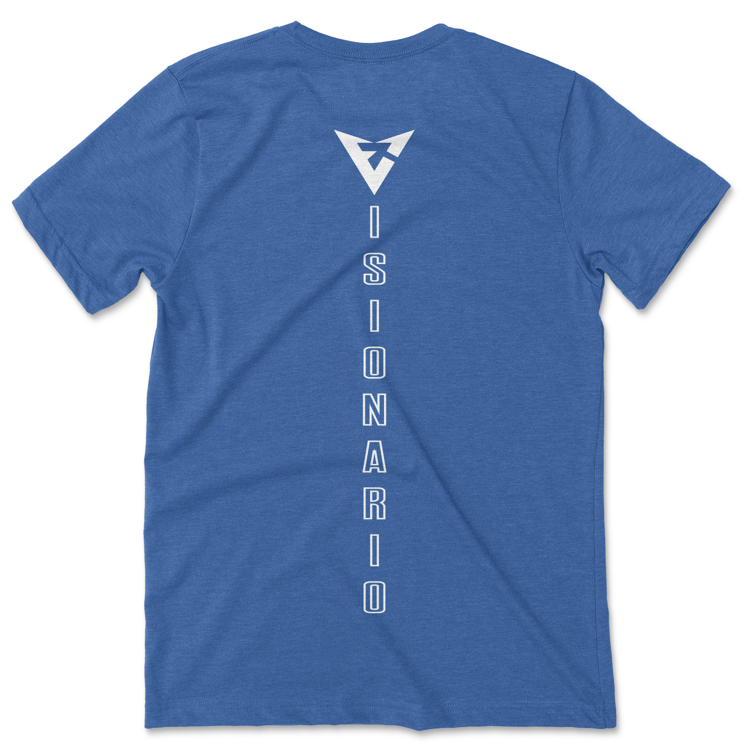 VISIONARY name placed vertically along back of shirt. Front of shirt has small logo on left pocket side. Blue shirt with white design.
