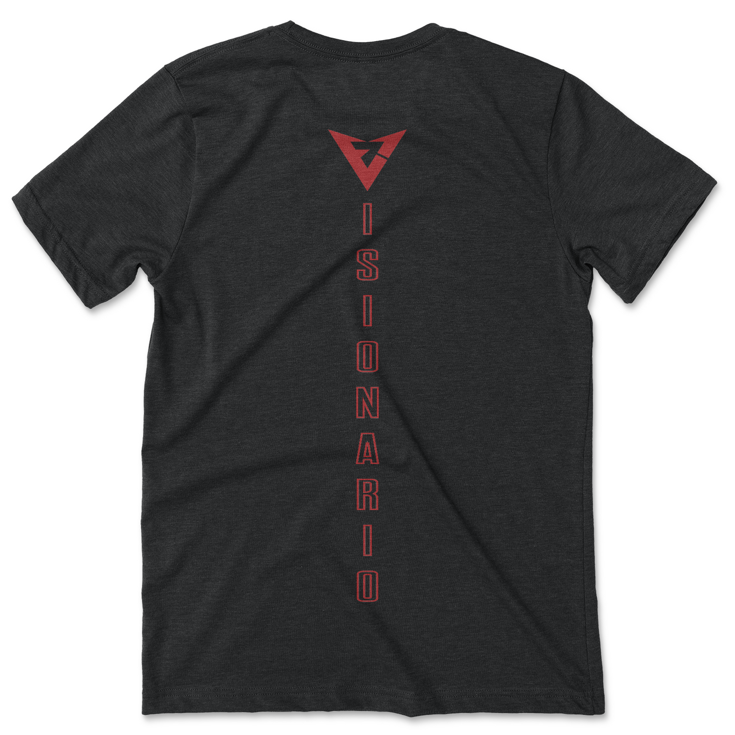 VISIONARY name placed vertically along back of shirt. Front of shirt has small logo on left pocket side. Black shirt with burgundy design.