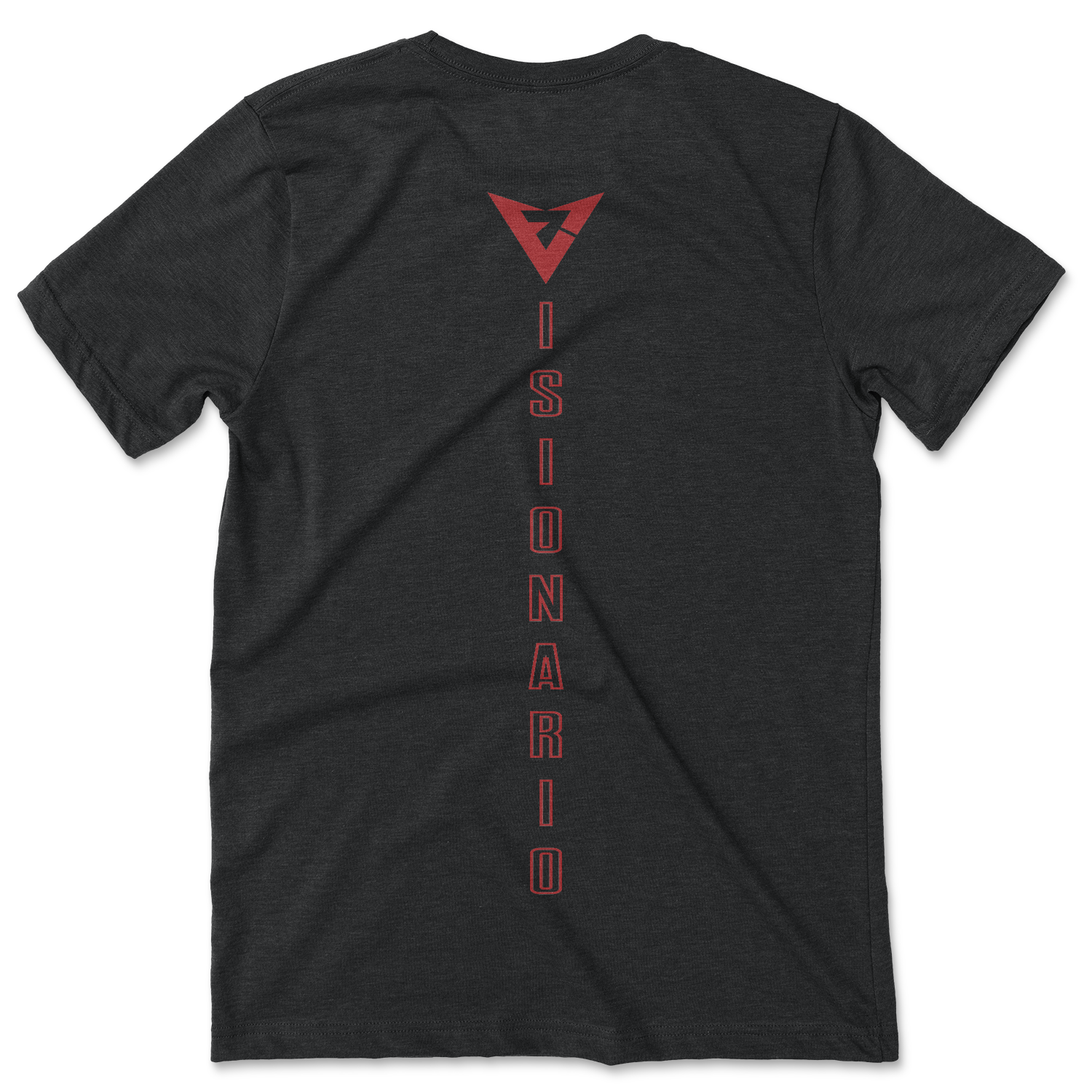 VISIONARY name placed vertically along back of shirt. Front of shirt has small logo on left pocket side. Black shirt with burgundy design.