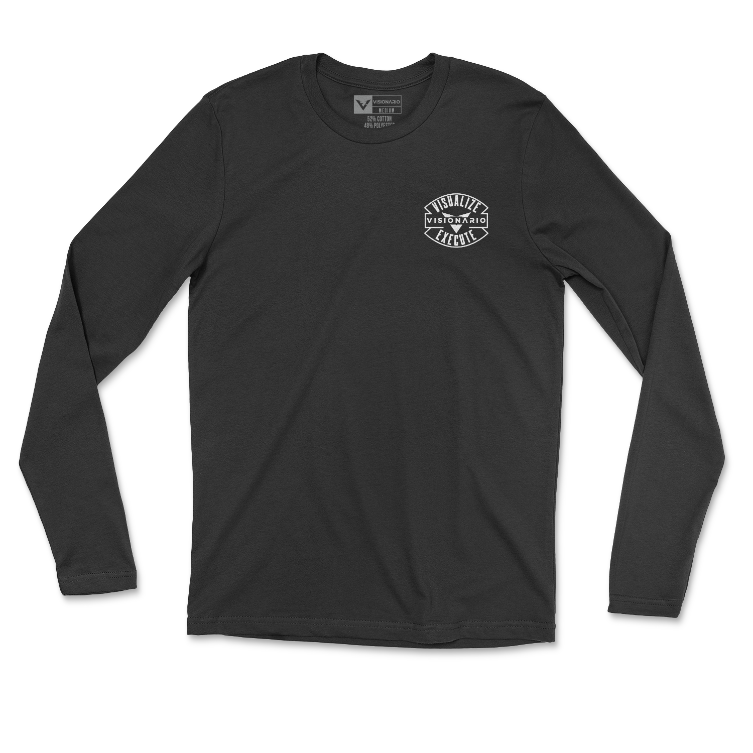 Black long sleeve with design in all white color. Front pocket size logo and back of long sleeve there's a large skull with USA flag full brim hard hat. "VISION AND AMBITION" phrase above design on back.