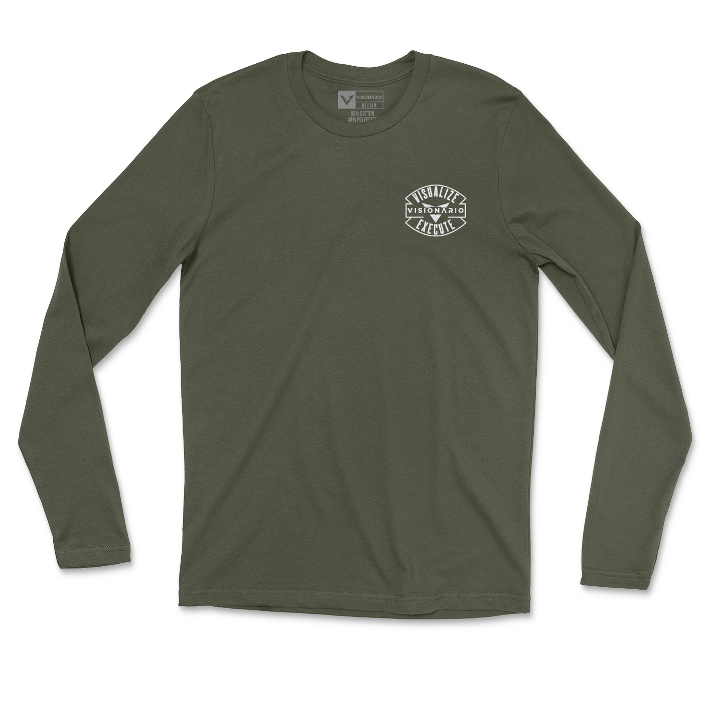 Military green long sleeve with design in all white color. Front pocket size logo and back of long sleeve there's a large skull with USA flag full brim hard hat. "VISION AND AMBITION" phrase above design on back.