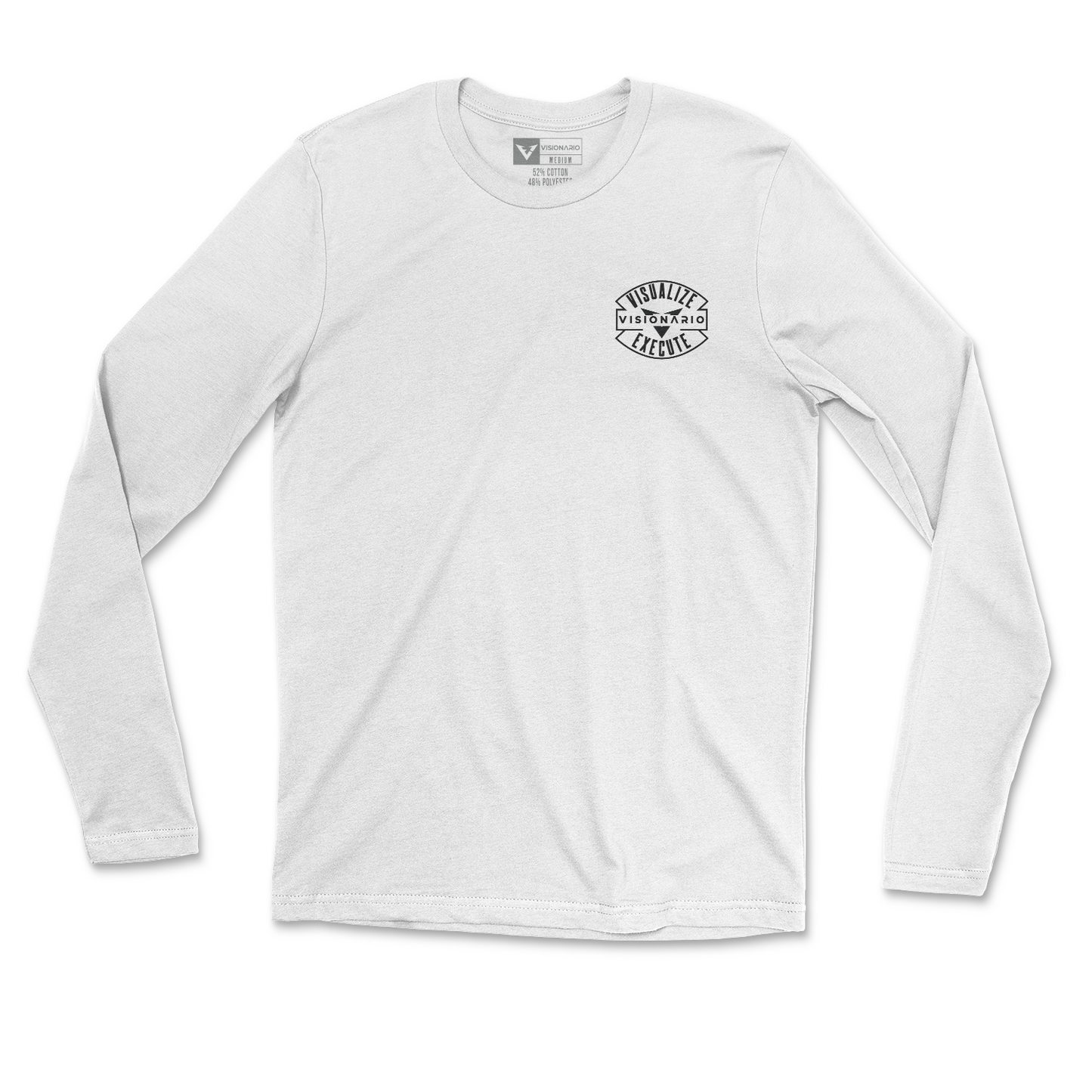 White long sleeve with design in all black color. Front pocket size logo and back of long sleeve there's a large skull with USA flag full brim hard hat. "VISION AND AMBITION" phrase above design on back.