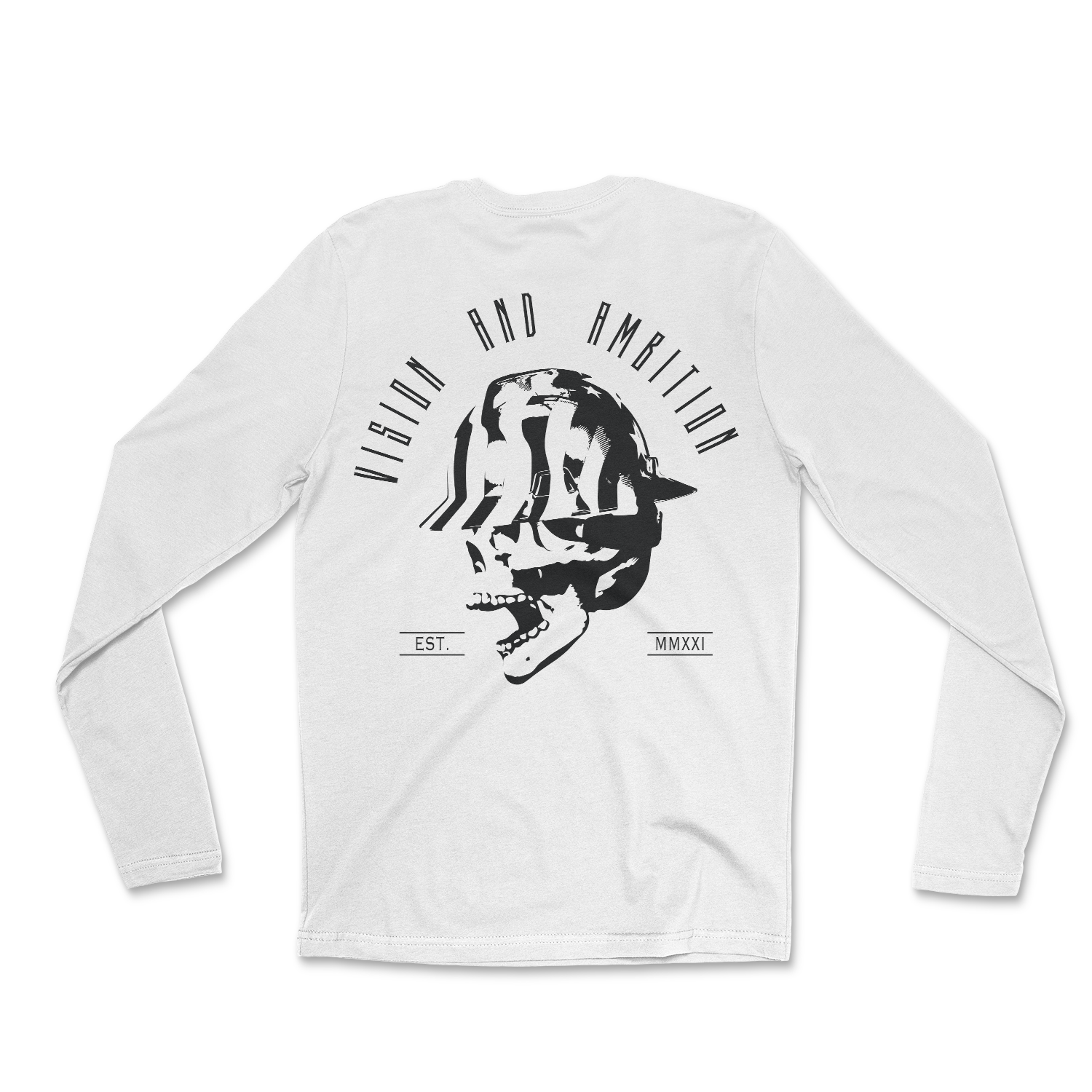 White long sleeve with design in all black color. Front pocket size logo and back of long sleeve there's a large skull with USA flag full brim hard hat. "VISION AND AMBITION" phrase above design on back.