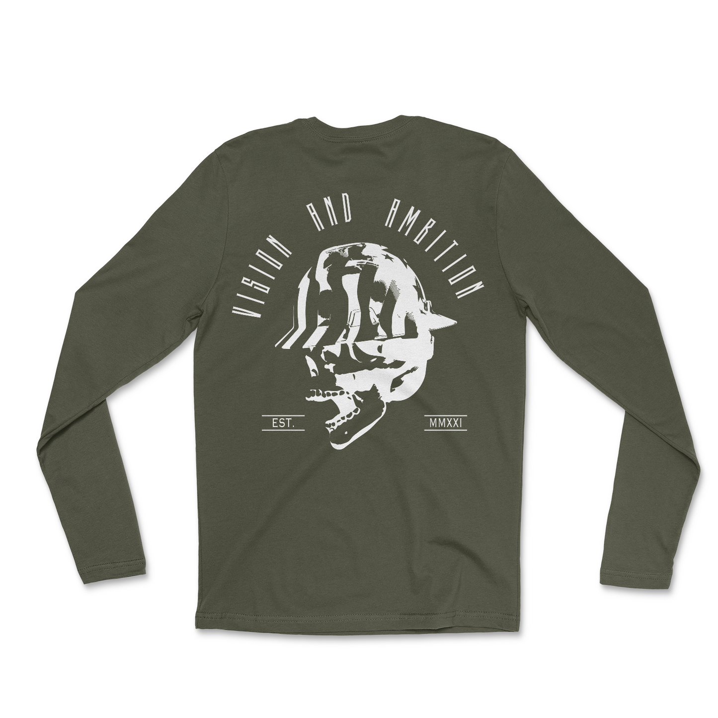 Military green long sleeve with design in all white color. Front pocket size logo and back of long sleeve there's a large skull with USA flag full brim hard hat. "VISION AND AMBITION" phrase above design on back.