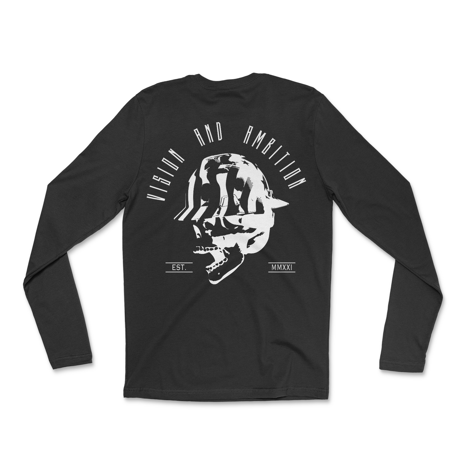 Black long sleeve with design in all white color. Front pocket size logo and back of long sleeve there's a large skull with USA flag full brim hard hat. "VISION AND AMBITION" phrase above design on back.
