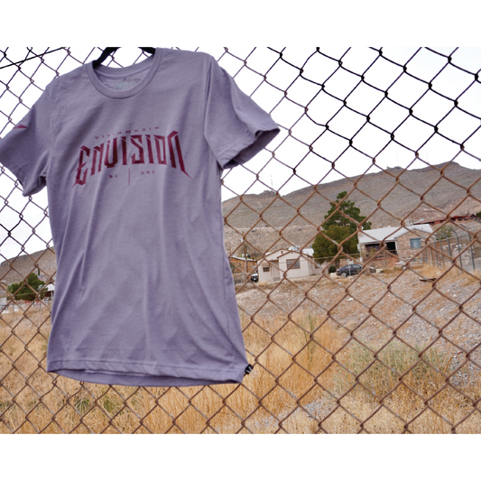 HEATHER STORM TEE WITH BURGUNDY "ENVISION" DESIGN ON CHEST.