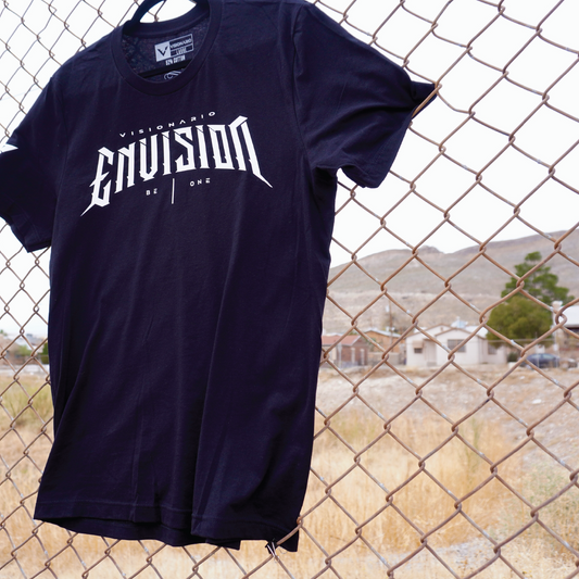 SOLID BLACK BLEND TEE WITH WHITE "ENVISION" DESIGN ON CHEST.