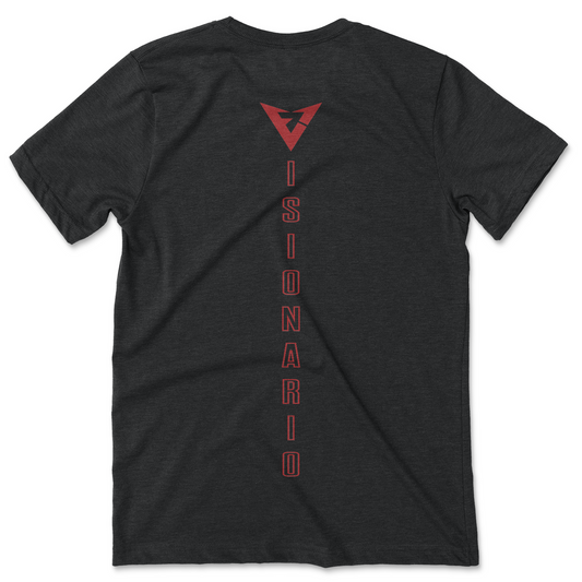 VISIONARY name placed vertically along back of shirt. Front of shirt has small logo on left pocket side. Black shirt with burgundy design.