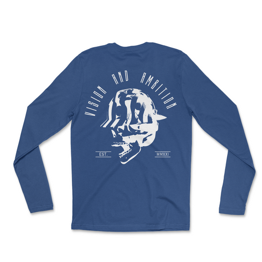 Royal blue long sleeve with design in all white color. Front pocket size logo and back of long sleeve there's a large skull with USA flag full brim hard hat. "VISION AND AMBITION" phrase above design on back.